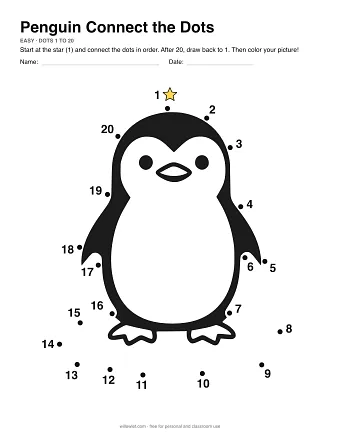 Penguin dot to dot worksheet: numbered dots around the picture's outline