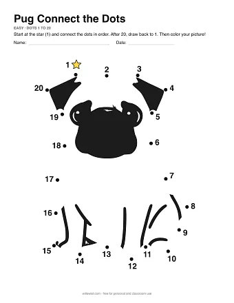 Pug connect the dots worksheet: numbered dots around the picture's outline