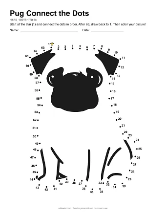 Pug connect the dots worksheet: numbered dots around the picture's outline