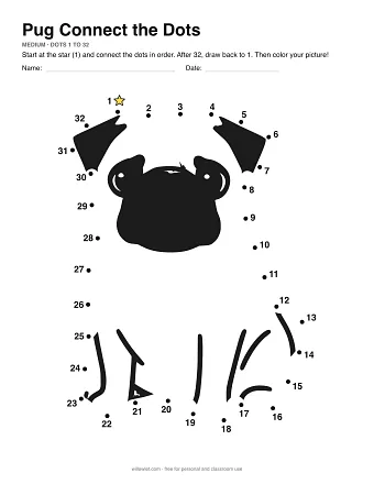 Pug connect the dots worksheet: numbered dots around the picture's outline