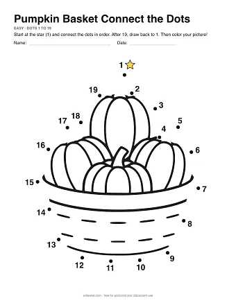 Pumpkin Basket connect the dots worksheet: numbered dots around the picture's outline