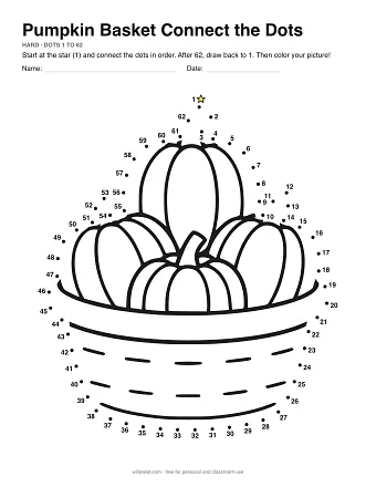 Pumpkin Basket connect the dots worksheet: numbered dots around the picture's outline