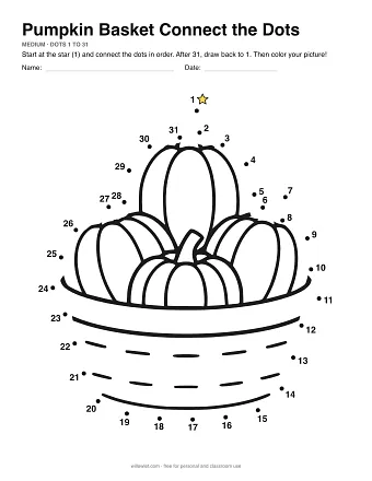 Pumpkin Basket connect the dots worksheet: numbered dots around the picture's outline