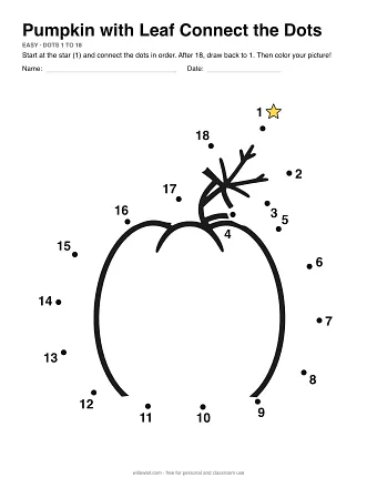 Pumpkin with Leaf connect the dots worksheet: numbered dots around the picture's outline