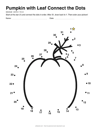Pumpkin with Leaf connect the dots worksheet: numbered dots around the picture's outline