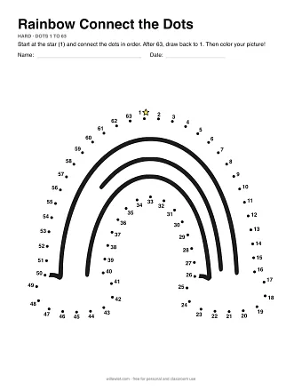 Rainbow connect the dots worksheet: numbered dots around the picture's outline