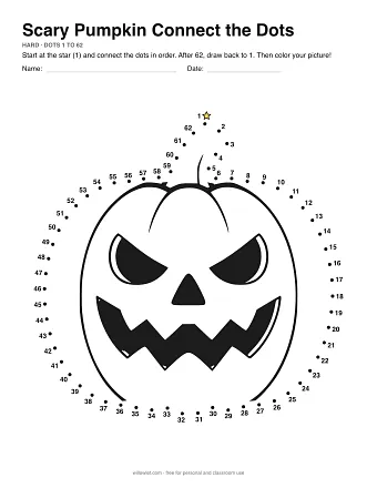Scary Pumpkin connect the dots worksheet: numbered dots around the picture's outline