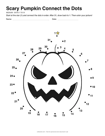Scary Pumpkin connect the dots worksheet: numbered dots around the picture's outline