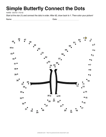 Simple Butterfly connect the dots worksheet: numbered dots around the picture's outline