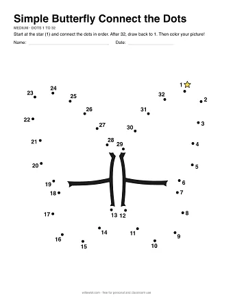 Simple Butterfly connect the dots worksheet: numbered dots around the picture's outline