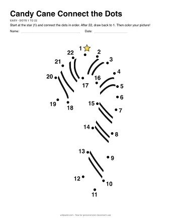 Candy Cane dot to dot worksheet: numbered dots around the picture's outline