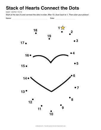 Stack of Hearts connect the dots worksheet: numbered dots around the picture's outline