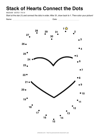 Stack of Hearts connect the dots worksheet: numbered dots around the picture's outline