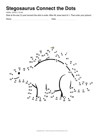 Stegosaurus connect the dots worksheet: numbered dots around the picture's outline