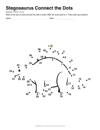 Stegosaurus connect the dots worksheet: numbered dots around the picture's outline