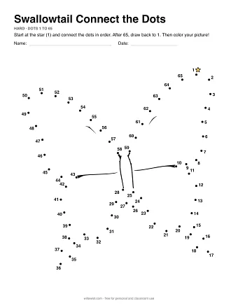 Swallowtail connect the dots worksheet: numbered dots around the picture's outline