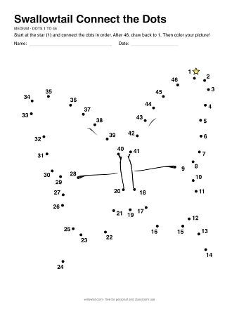 Swallowtail connect the dots worksheet: numbered dots around the picture's outline