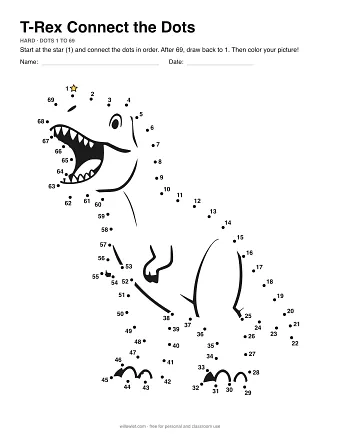 T-Rex connect the dots worksheet: numbered dots around the picture's outline