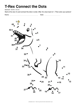 T-Rex connect the dots worksheet: numbered dots around the picture's outline