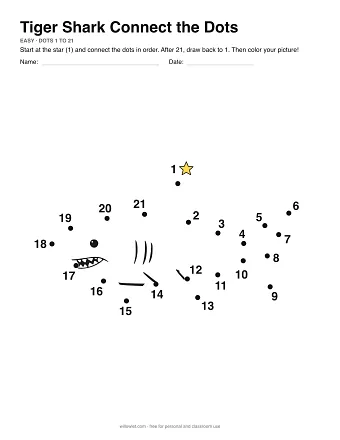 Tiger Shark connect the dots worksheet: numbered dots around the picture's outline
