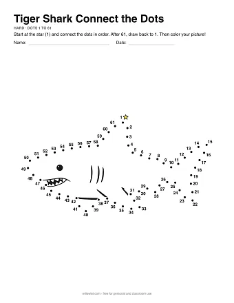 Tiger Shark connect the dots worksheet: numbered dots around the picture's outline