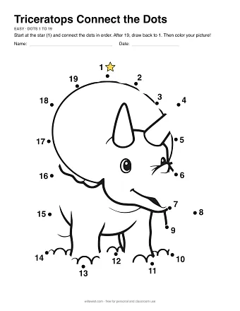 Triceratops connect the dots worksheet: numbered dots around the picture's outline