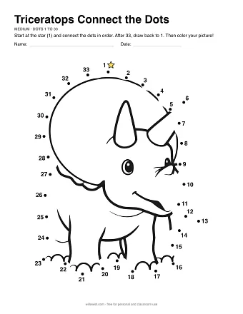 Triceratops connect the dots worksheet: numbered dots around the picture's outline