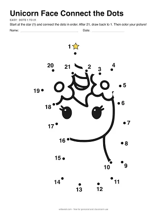Unicorn Face connect the dots worksheet: numbered dots around the picture's outline
