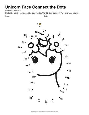 Unicorn Face connect the dots worksheet: numbered dots around the picture's outline