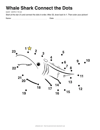 Whale Shark connect the dots worksheet: numbered dots around the picture's outline