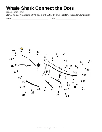 Whale Shark connect the dots worksheet: numbered dots around the picture's outline