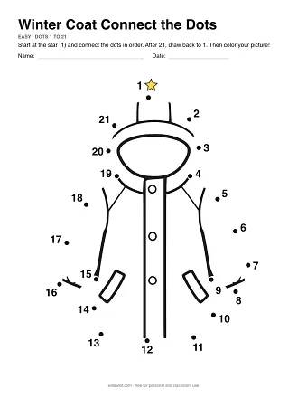 Winter Coat dot to dot worksheet: numbered dots around the picture's outline