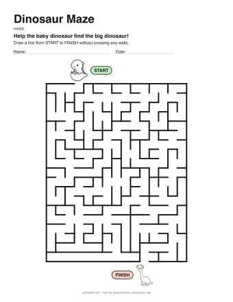 Dinosaur Maze, hard level: a maze with a picture at the start and at the finish