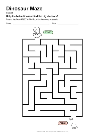 Dinosaur Maze, medium level: a maze with a picture at the start and at the finish