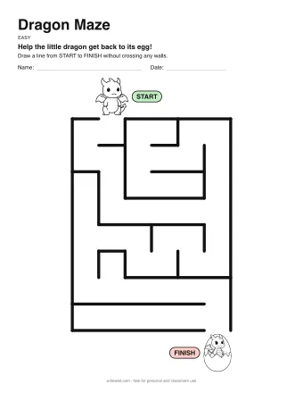 Dragon Maze, easy level: a maze with a picture at the start and at the finish