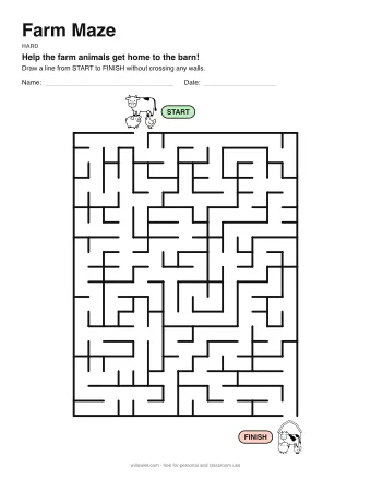 Farm Maze, hard level: a maze with a picture at the start and at the finish