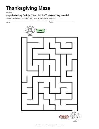 Thanksgiving Maze, medium level: a maze with a picture at the start and at the finish