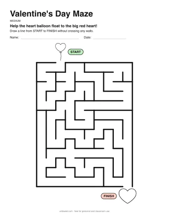 Valentine's Day Maze, medium level: a maze with a picture at the start and at the finish