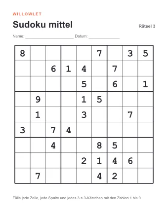 Vorschau: Sudoku mittel zum Ausdrucken: Rätsel 3