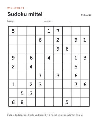Vorschau: Sudoku mittel zum Ausdrucken: Rätsel 6