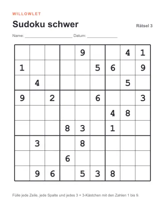 Vorschau: Sudoku schwer zum Ausdrucken: Rätsel 3