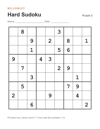 Preview of Hard Printable Sudoku: Puzzle 2