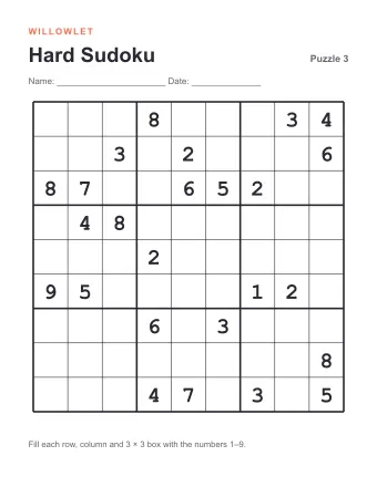 Preview of Hard Printable Sudoku: Puzzle 3