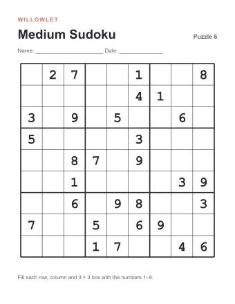 Preview of Medium Printable Sudoku: Puzzle 6
