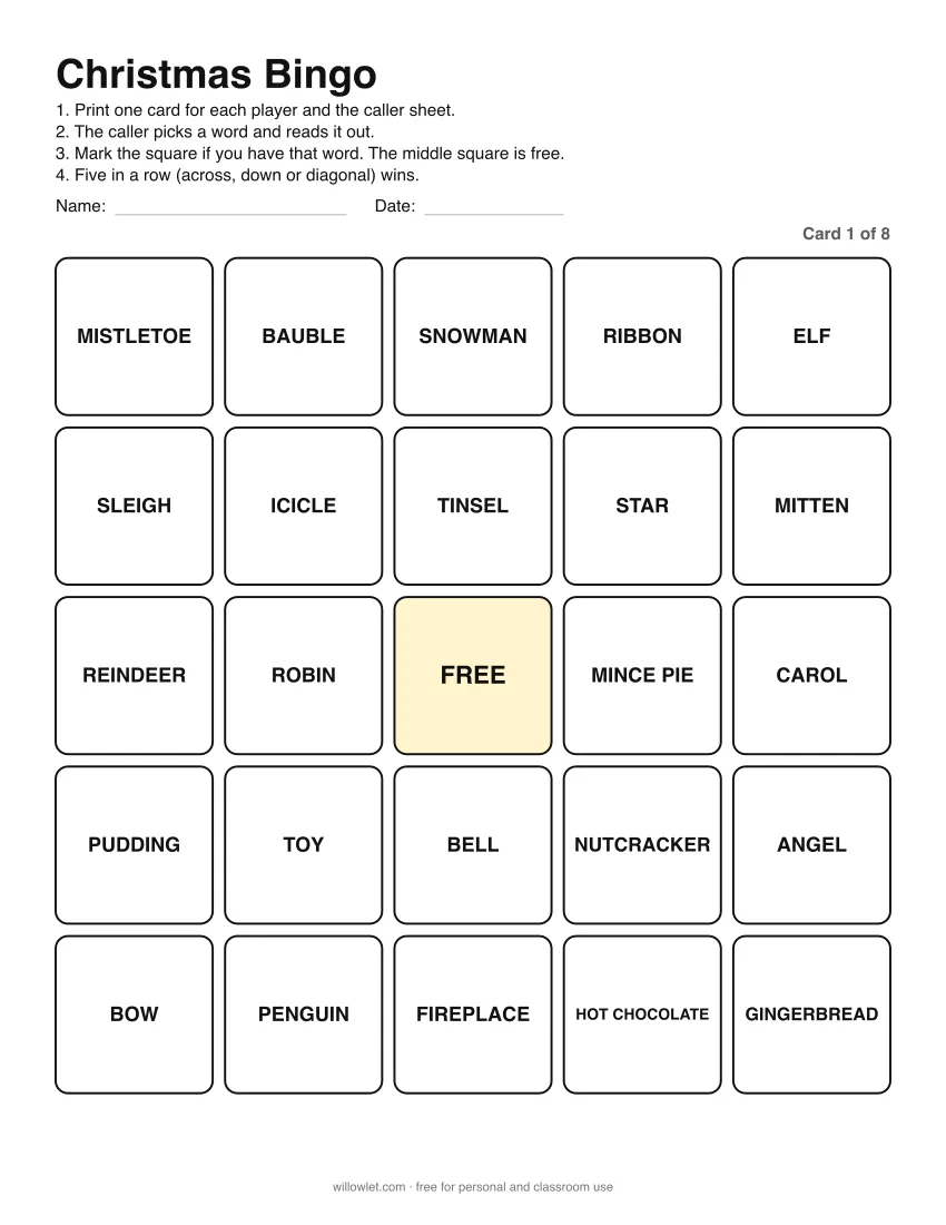Preview of Christmas Bingo: Card 1 of 8
