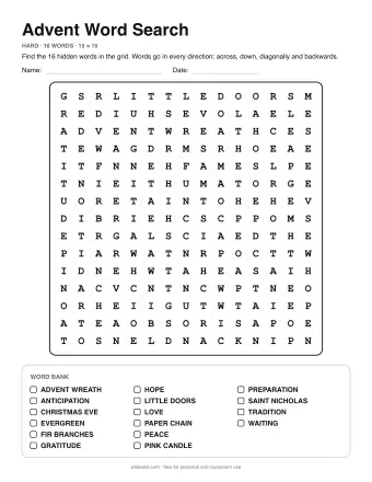 Advent Word Search, hard level: letter grid with the word list below