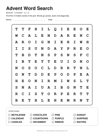 Advent Word Search, medium level: letter grid with the word list below