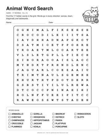 Animal Word Search, hard level: letter grid with the word list below