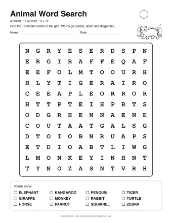 Animal Word Search, medium level: letter grid with the word list below
