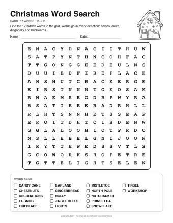 Christmas Wordsearch, hard level: letter grid with the word list below